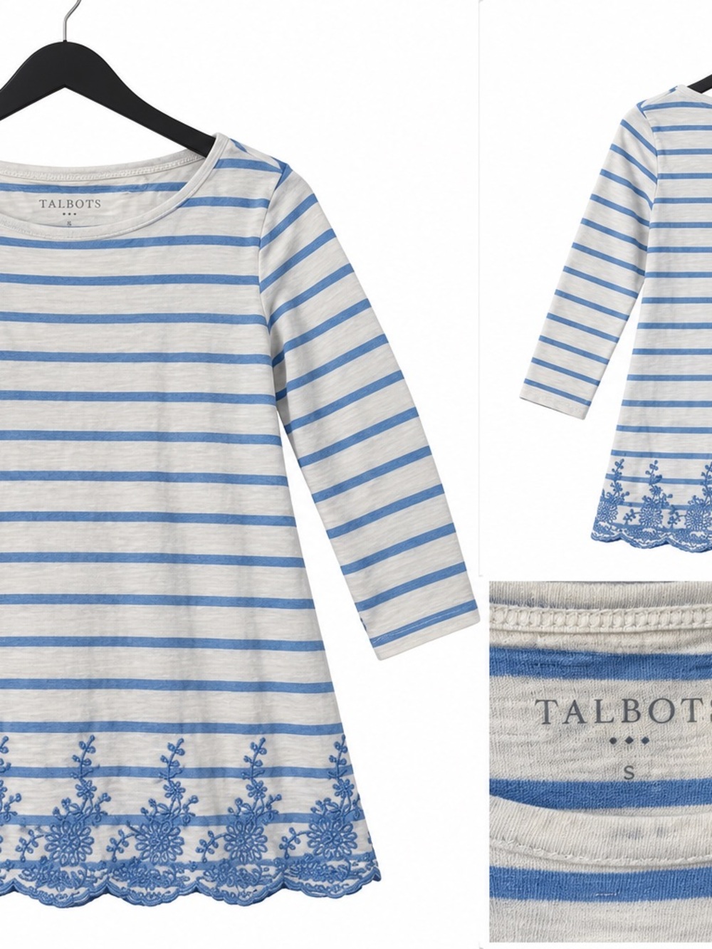 Talbots White & Light Blue Striped Long-Sleeve Top with Lace Hem